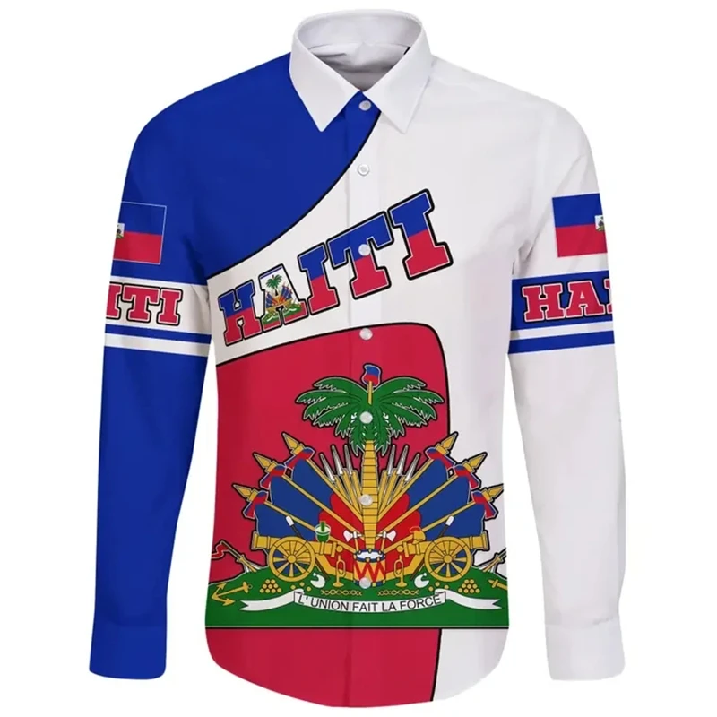 Kemeja pria Haiti bendera Karibia laut Haiti Retro tato antik 3D dicetak Streetwear Harajuku kemeja pria kasual atasan lengan panjang