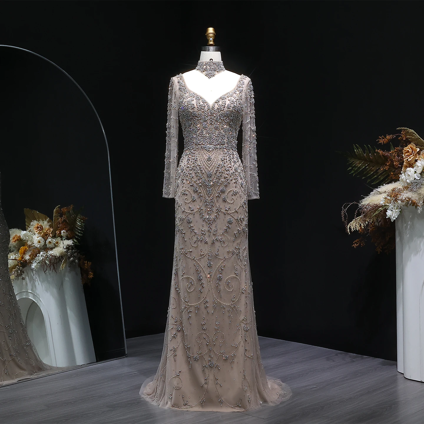 Sharon Said Luxuriöses Arabisches Dubai Rosa Meerjungfrauenkleid mit Langen Ärmeln, Perlenbesetztes Formelles Abendkleid für Hochzeit, Party, Ball, SS181 Maßanfertigung – Detail 16