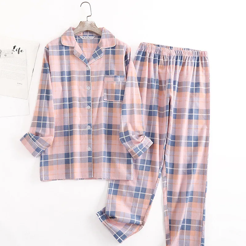 

100% Cotton Fashion Plaid Pajamas Woman Offer Winter Sleepwear Loose Spring Autumn Pijamas Women Set Loungewear Home Clothes