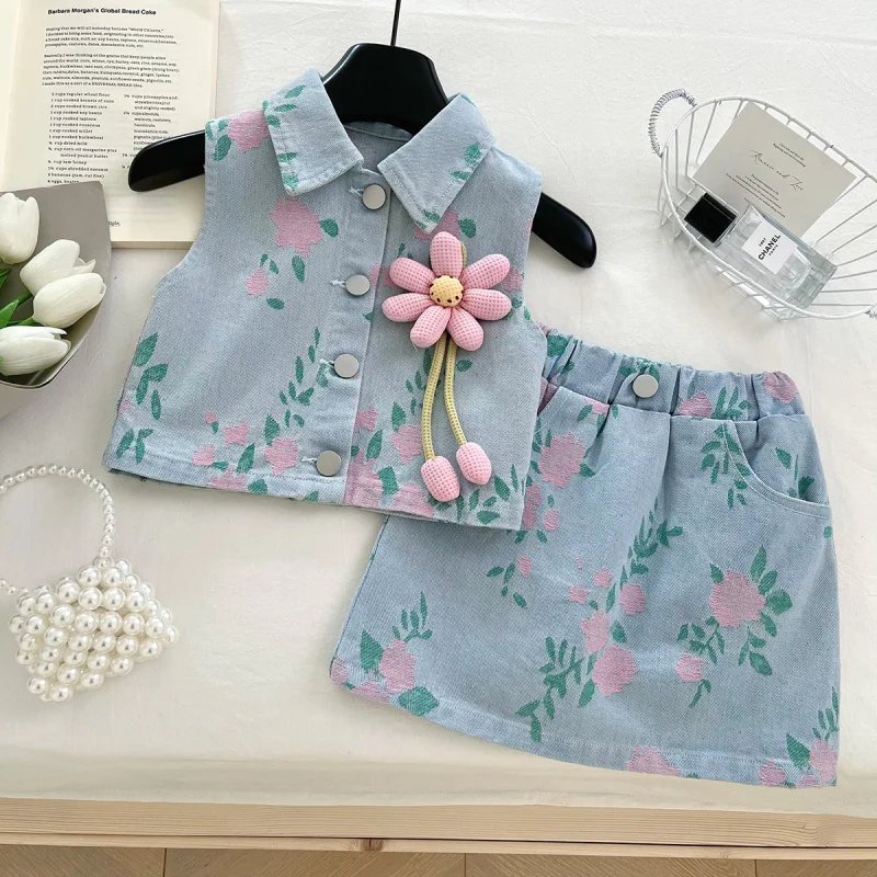 

2025Summer New Girls' Western Style Printed Denim Sleeveless Suit Baby Cute Skirt Suit6536