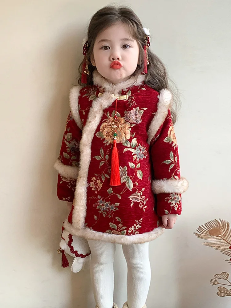 女の子の冬の花柄チャイナドレスフリース裏地新年衣装ベビースタイル子供服ヴィンテージ長袖