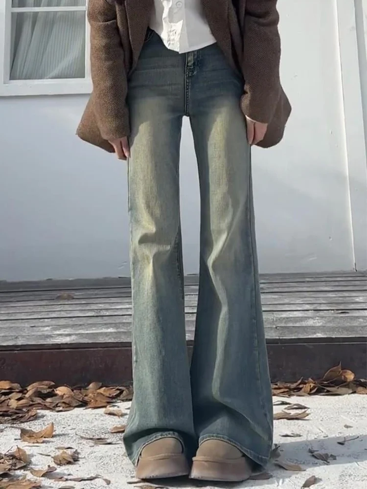 

Ретро-синие расклешенные джинсы для женщин, осенне-зимние, с высокой талией, утягивающие, эластичные, для фигуры типа «груша», с расклешенными штанинами