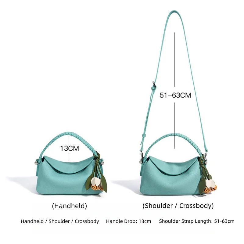 Women's Premium Top-Grain Cowhide Small Hobo Bag with Flower Charm Daily Commuter Multi-way Shoulder Crossbody Handbag