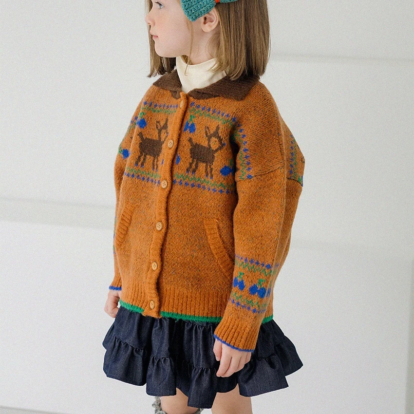 

Children's Clothing Autumn Retro Knitted Sweater Girl's Ginger Deer Knitted Cardigan 2023