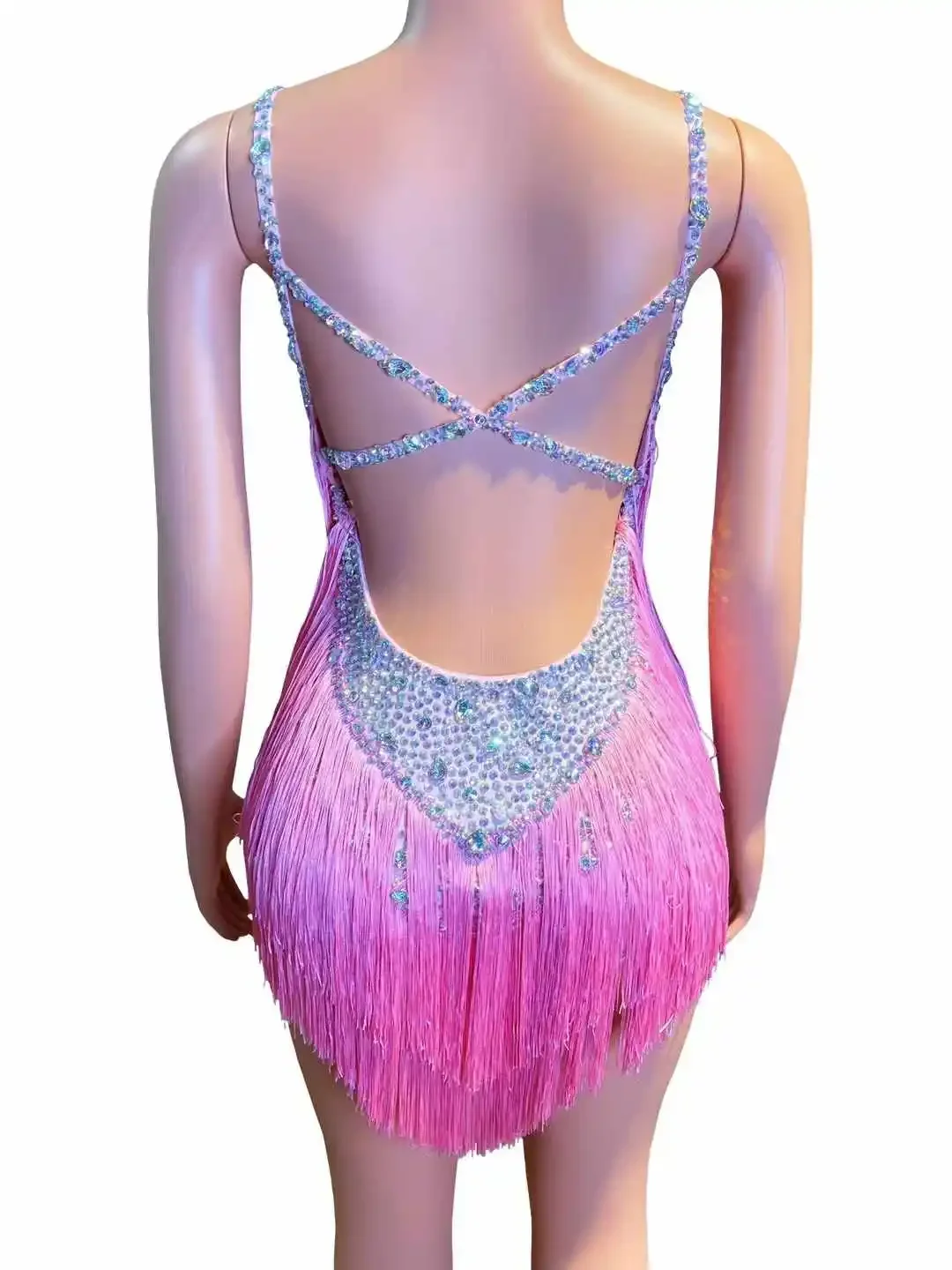 Sexy Fringe Outfit Voor Vrouwen Backless Mouwloze Verjaardag Koningin Jurk Strass Zanger Danser Kostuum Ballroom Party Club