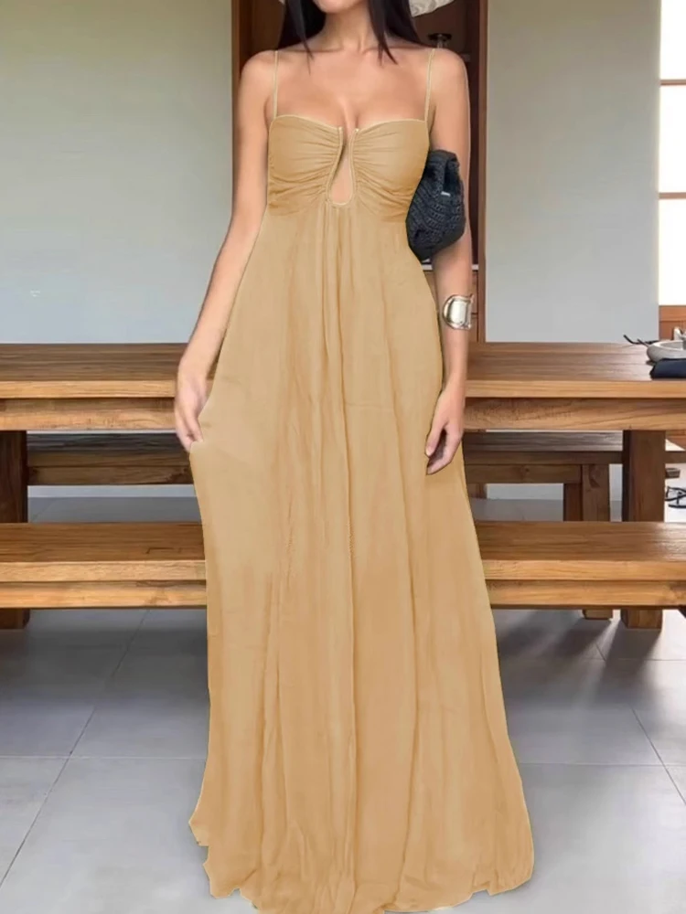 

Spaghetti Strap Patchwork Chic Maxi Dress, Women Summer Sleeveless Fashion Simple Party Dress, 2025 Backless Solid Ladies Dress