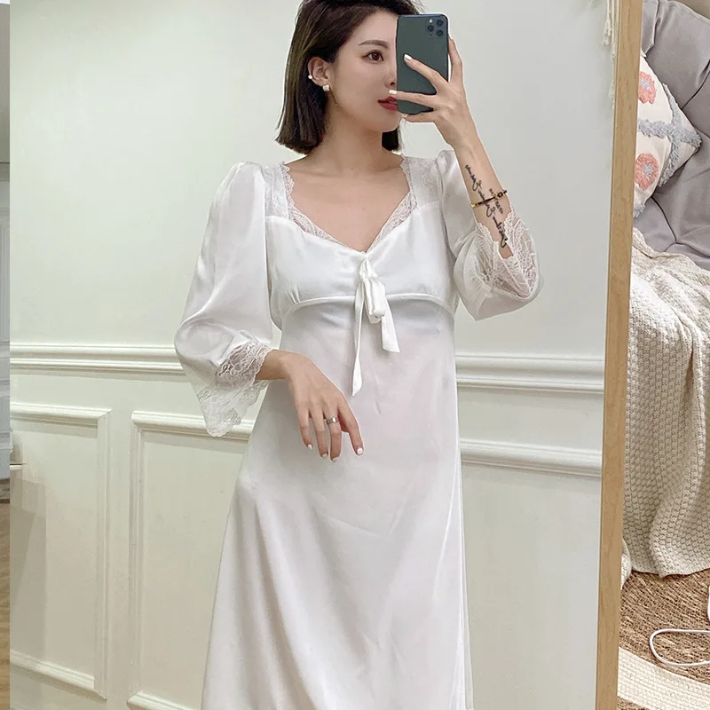 Spring and Autumn New Ice Silk Princess Nightdress Lace Girls Home Clothes Can Wear Pajamas Women