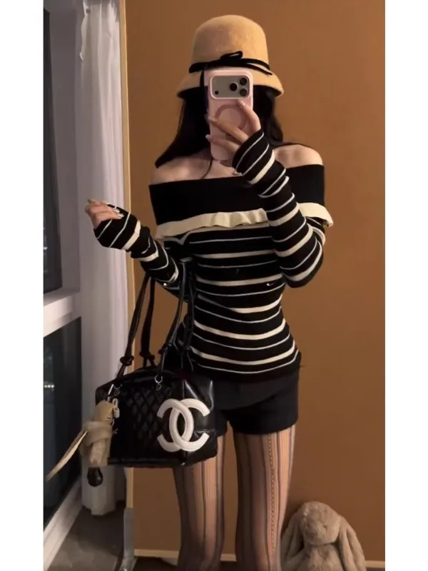 

Ele plus Size Striped One oulder Knitwear Women's Base Layer Top Korean Sle Slim Fit Long Sve Commute Faion