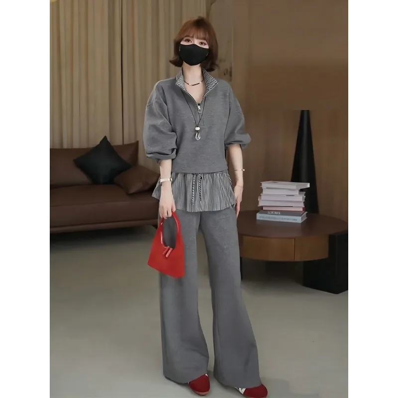 

A New Korean-style Retro Relaxed and Fashion Spring Collection Both Stylish Slimming Featuring Half-zipper Hoodie Wide-leg Pants