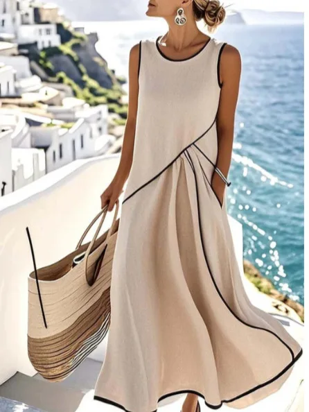 Round Neck Dress Sleeveless Colorblock Loose Fit Dress Cross Wrap Slimming Casual Long Dress Summer Beach Elegant Gown