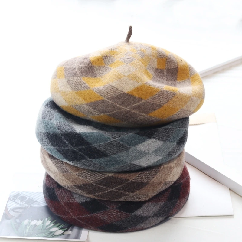 

Women's Fashion Plaid Beret Everything Knitted Wool Hat Travel Shopping Painter Hat Street Newspaper Boy Hat Adjustable Octagon