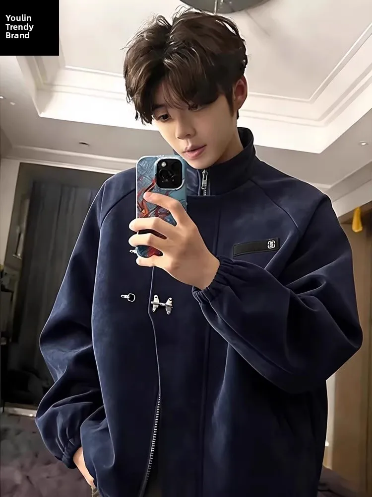 

Мужская куртка из синей искусственной кожи с воротником-стойкой, новая коллекция весна-осень, в китайском и американском стиле, бейсбольная куртка