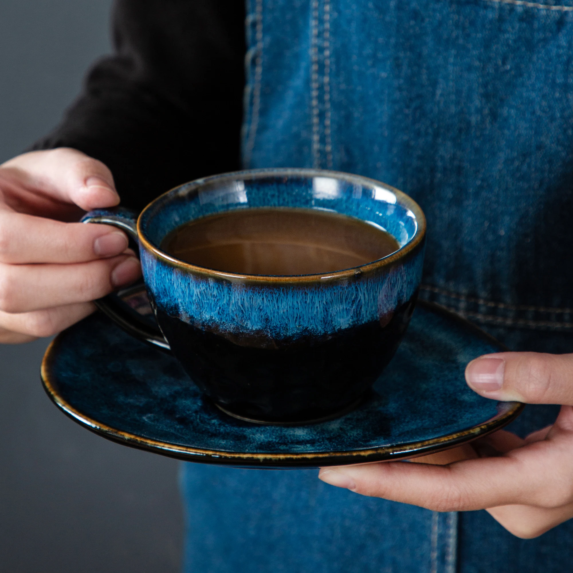 VANCASSO Starry Blue Ceramic Coffee Cup and Saucer Set Blue Kiln Change Glaze Afternoon Tea Cup&Saucer Service for 4 Person