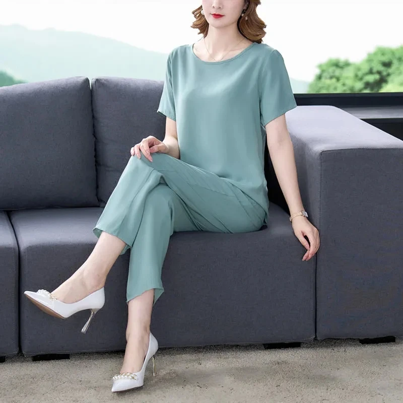جديد عادية بلون قصيرة الأكمام الكاحل طول السراويل 2 قطعة مجموعة منتصف العمر الأم الزي القطن الحرير دعوى الصيف المرأة مجموعات #1