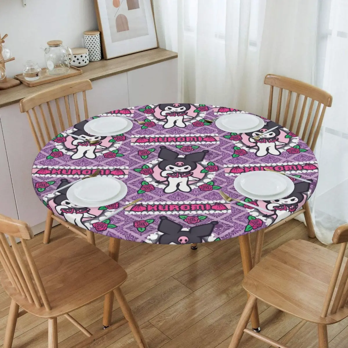 Custom Round Waterproof Oil-Proof Kuromi Sanrio Anime Tablecloth Backed Elastic Edge Table Cover 40