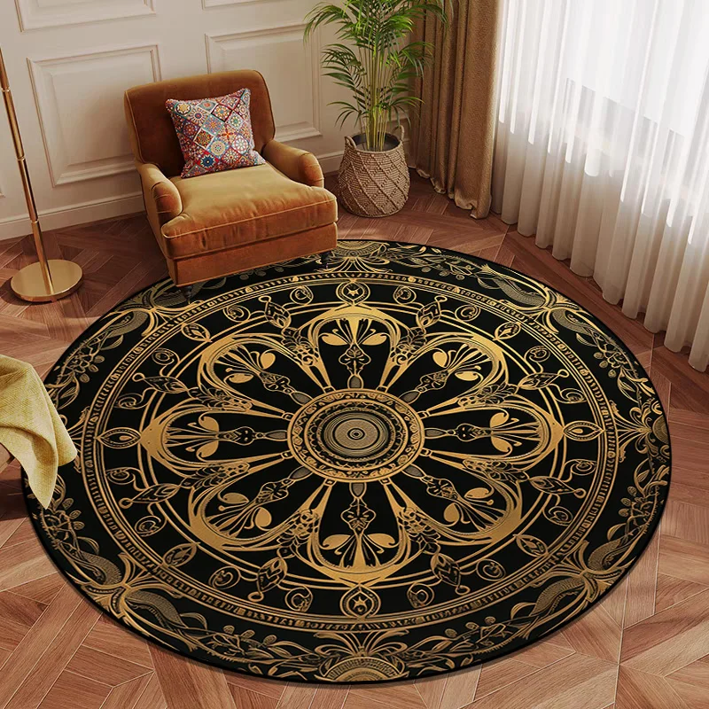 American Style Round Room Rug Large Area Home Decor Golden Mat Bedroom Non-slip Circular Carpet Study Chair Mat Washable Tapete