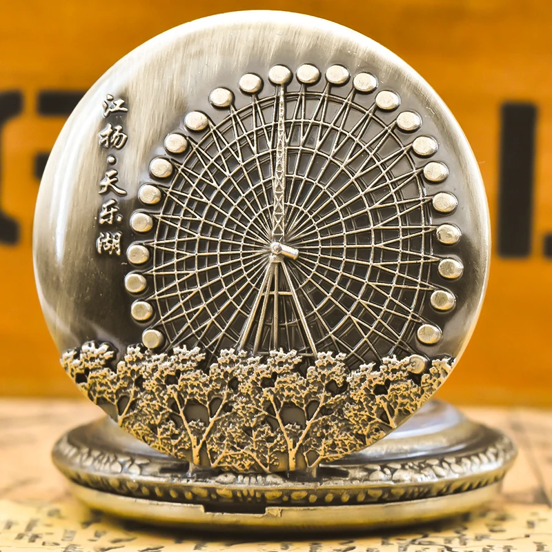 خمر البرونزية Steampunk دُولابٌ دَوّار منحوتة ساعة جيب كوارتز قلادة قلادة ساعة سلسلة الرجال سلسلة نسائية هدية