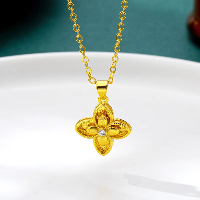 Luxury 24K 9999 Pure Gold real gold Women's Point Drill Ice Ice Clover Pendant Necklace
