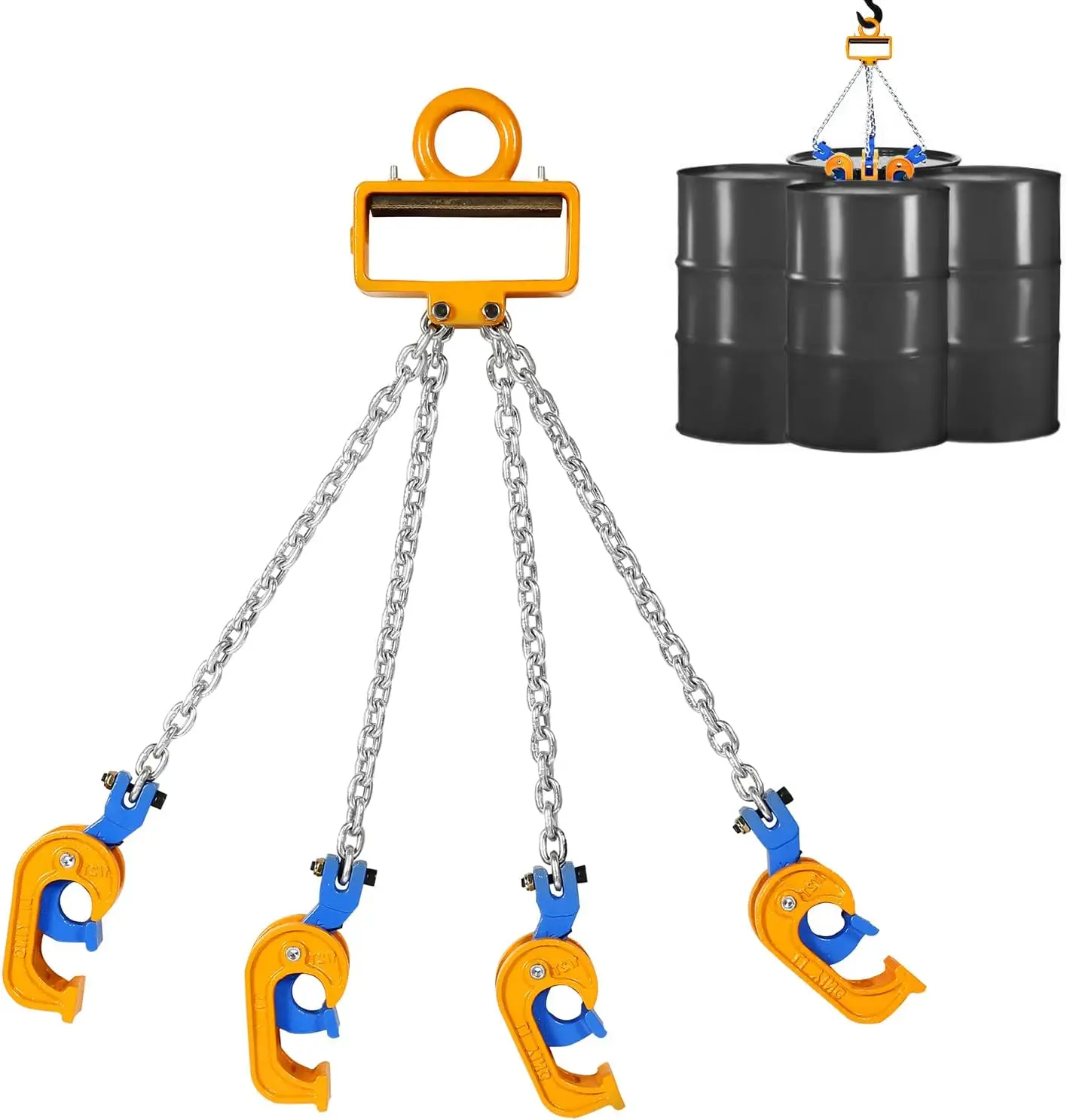 Upgraded Chain Drum Lifter, 2 Ton Capacity Heavy Duty Barrel Lifting Clamp, Metal Plastic Drum Sling Hoist Attachment, Steel Lifting Chain Rigging Hook Tool, Black Yellow, 1 Pack