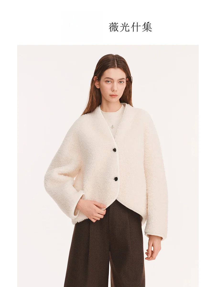 

Vivian Woolen Lamb Fur Jaet Vintage on ape White Fem New Sle Warmth Color Long Sve Thiened V-ne Coat