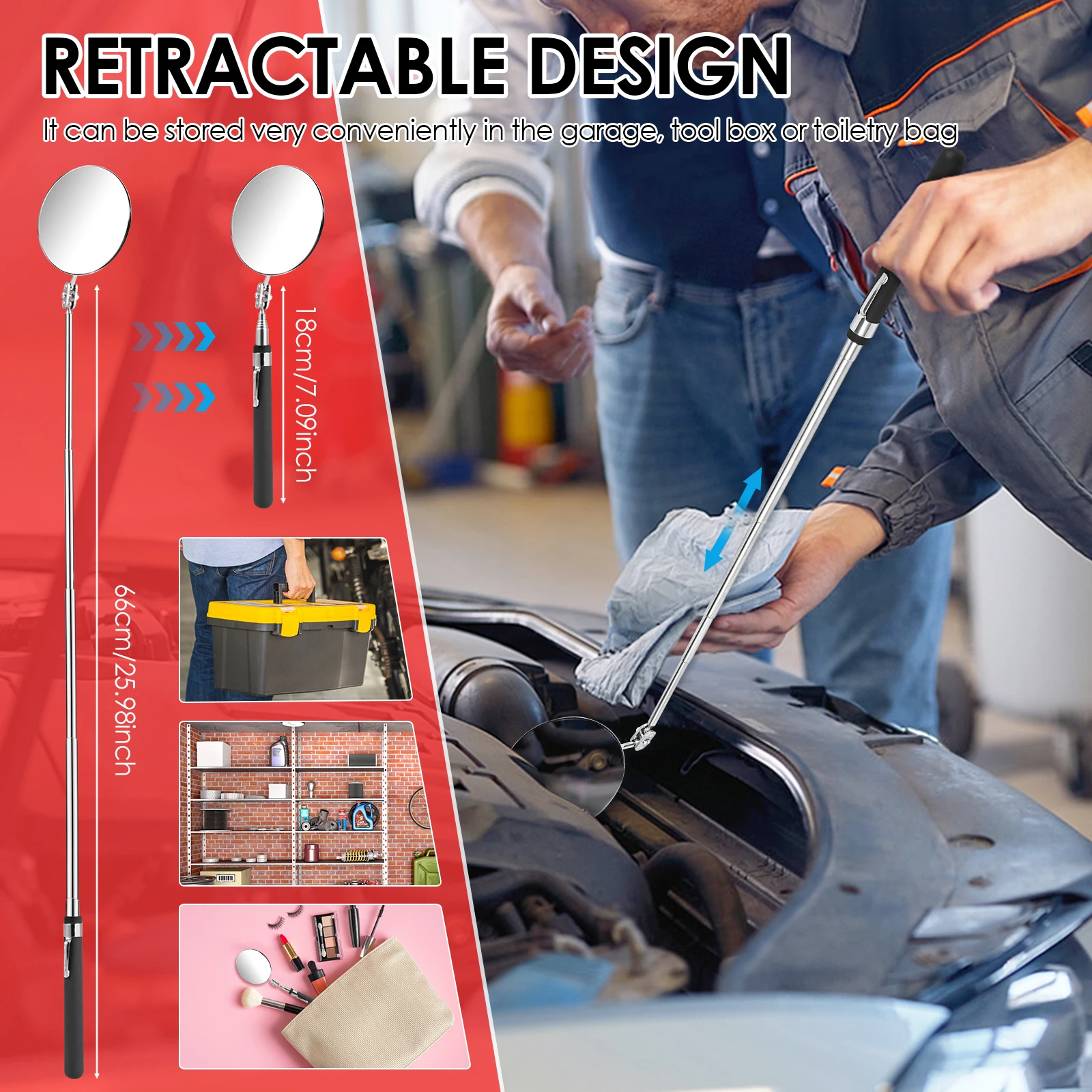 5 قطع 360 °   مرآة التفتيش ضبط مرايا تصغير تمديد أدوات ميكانيكي مرآة التفتيش مقبض تلسكوبي أدوات إصلاح