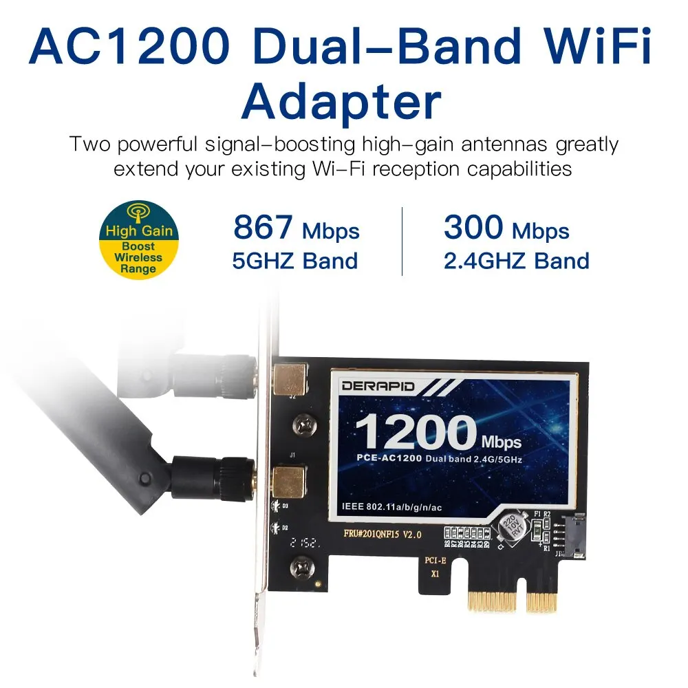 Derapid AC1200 WiFi Adapter Bluetooth Dual Band 2.4GHZ/5Ghz PCIE Wireless Network Card Intel Chip For Desktop For Windows7/10/11