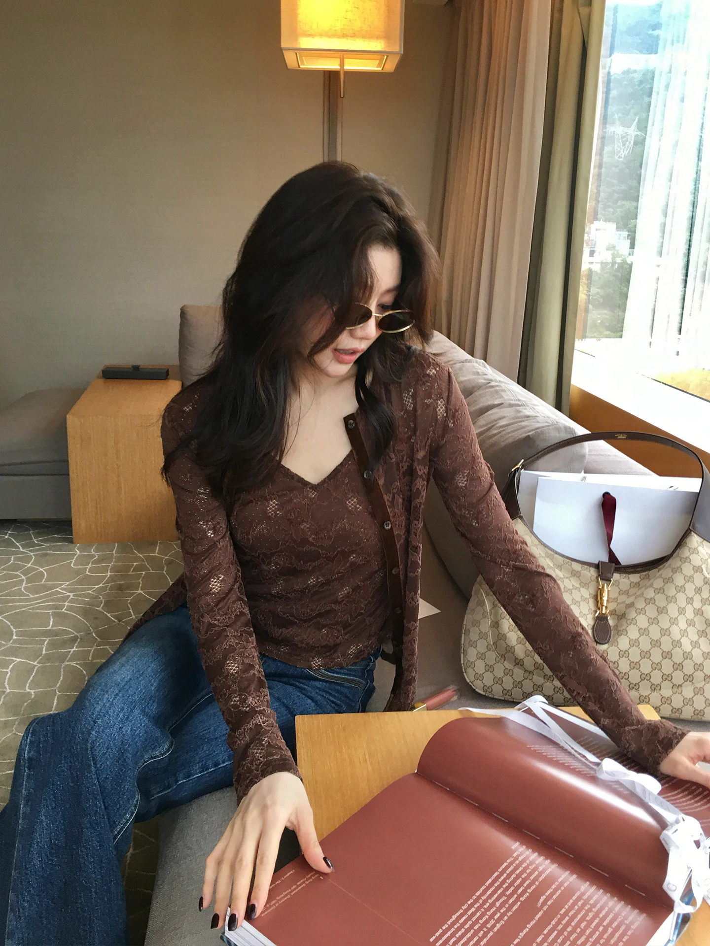 

Женский винтажный кардиган Dragon Xier с кружевом, ажурным узором и длинными рукавами, V-образным вырезом, свободного кроя, весна, K523