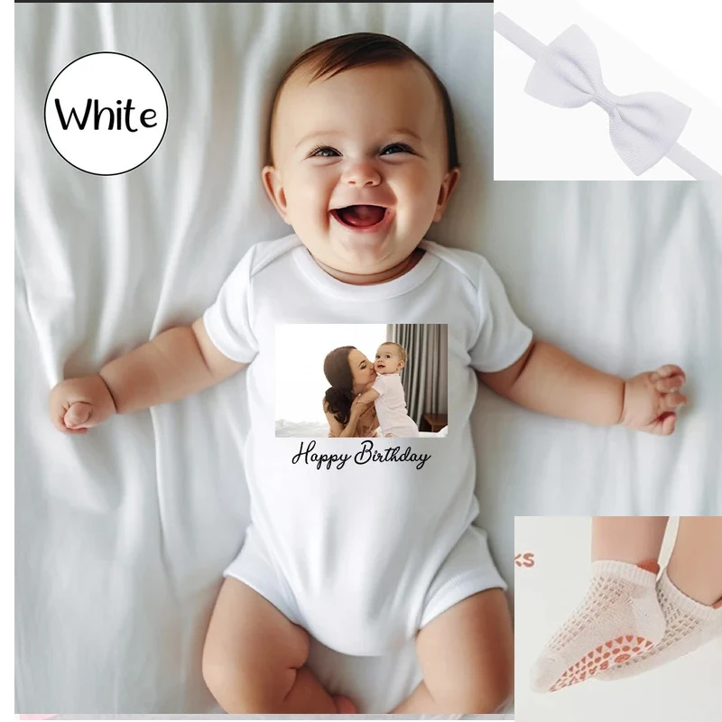 Custom Photo Baby Bodysuit with Happy Birthday Text, Personalized Picture Onesie for 1st Birthday Photoshoot,Soft Cotton Romper
