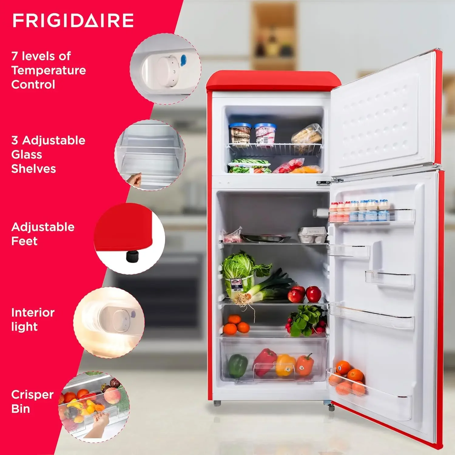 EFR756-RED EFR756, geladeira retrô tamanho apartamento de 2 portas com freezer superior, puxadores cromados, 7,5 pés cúbicos, vermelho