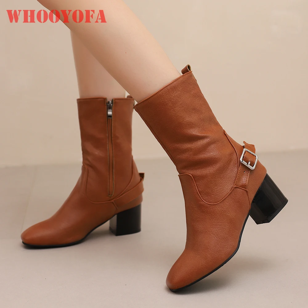 

2025 New Winter Classic Brown Beige Women Mid Calf Boots Round Toe High Heels Lady Nude Shoes Plus Small Big Size 32 43 48 50