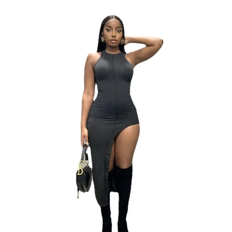 Robe mi-longue découpée sur le côté pour femme, monochromatique, hipster, col rond, taille en forme de fibre, batterie décontractée, streetwear sexy pour femme