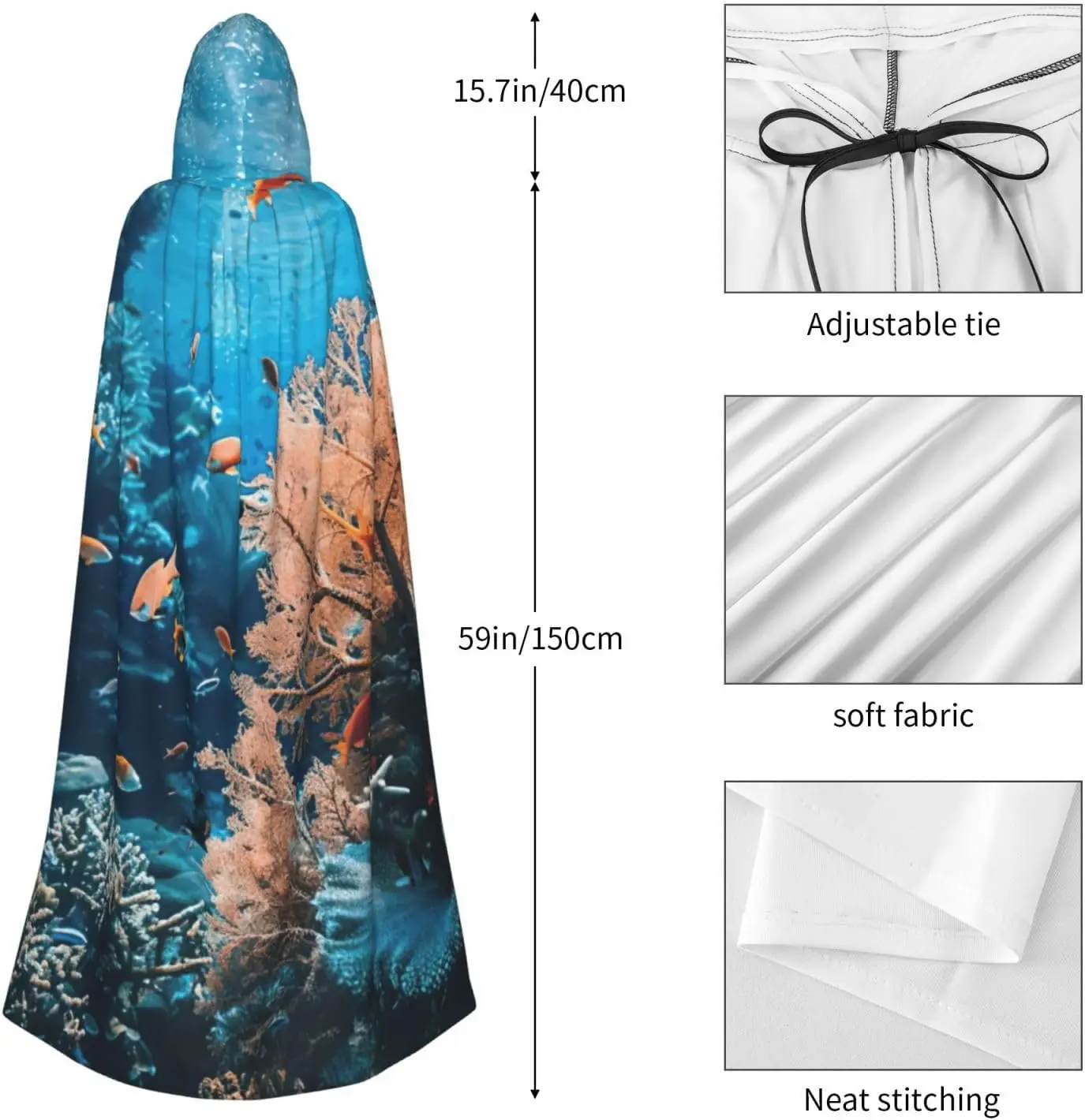 Coral Reef Print Adult Hooded Cloak With Halloween Christmas Witch Cape Robe Costume Party Supplies