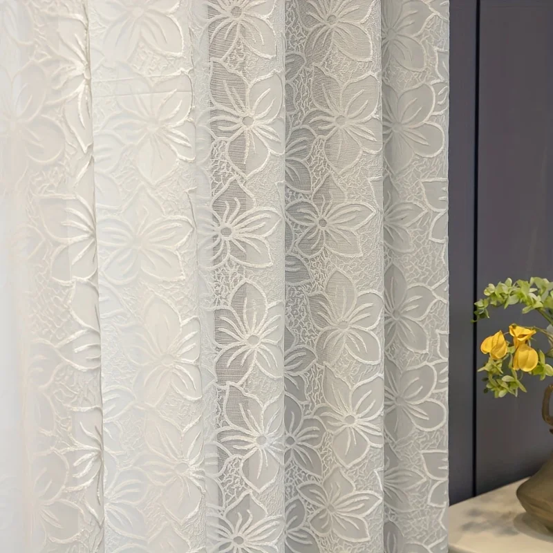 2 Elegant Beige Flower Jacquard Gauze Curtains Transparent Curtains Suitable for Bedrooms and Living Rooms