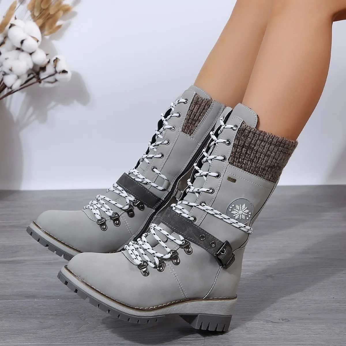 2024 Winter Outdoor Shoes for Women Side Zip Women's Mid-Calf Boots Square Heel Casual Women's Shoes Med Heel Ladies Boots