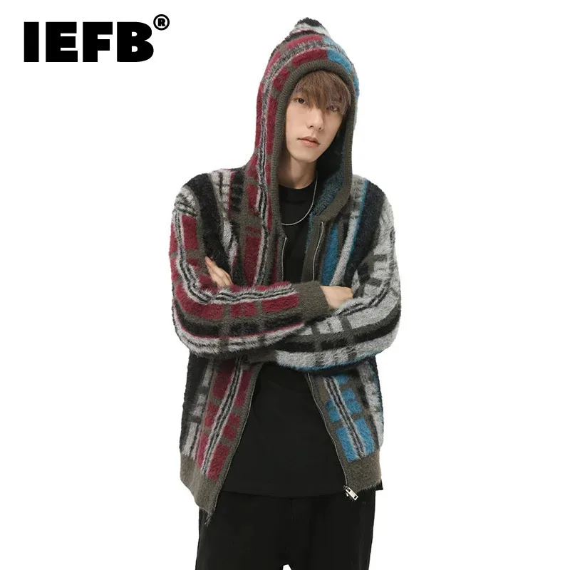 

IEFB American Style Men's Cardigan Casual Hooded Striped Zipper Contrast Color Vintage Loose Male Sweaters New Stylish 9C7751