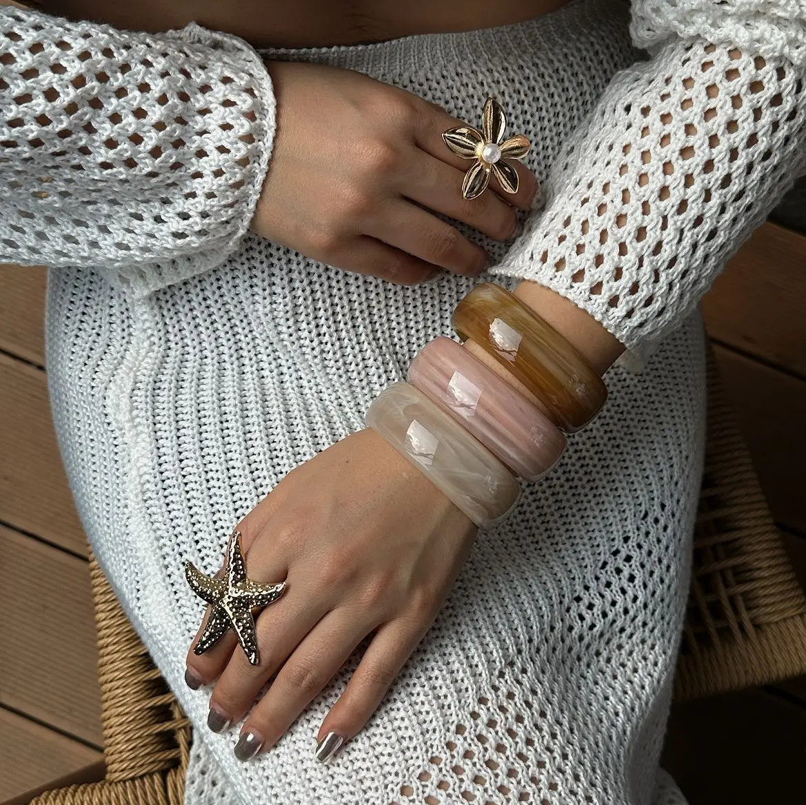 Vintage Punk Beige Pink Thick Resin Acrylic Smudging Bangles Geometric Irregular Wide Bangle Bracelet For Women Pulseras Jewelry