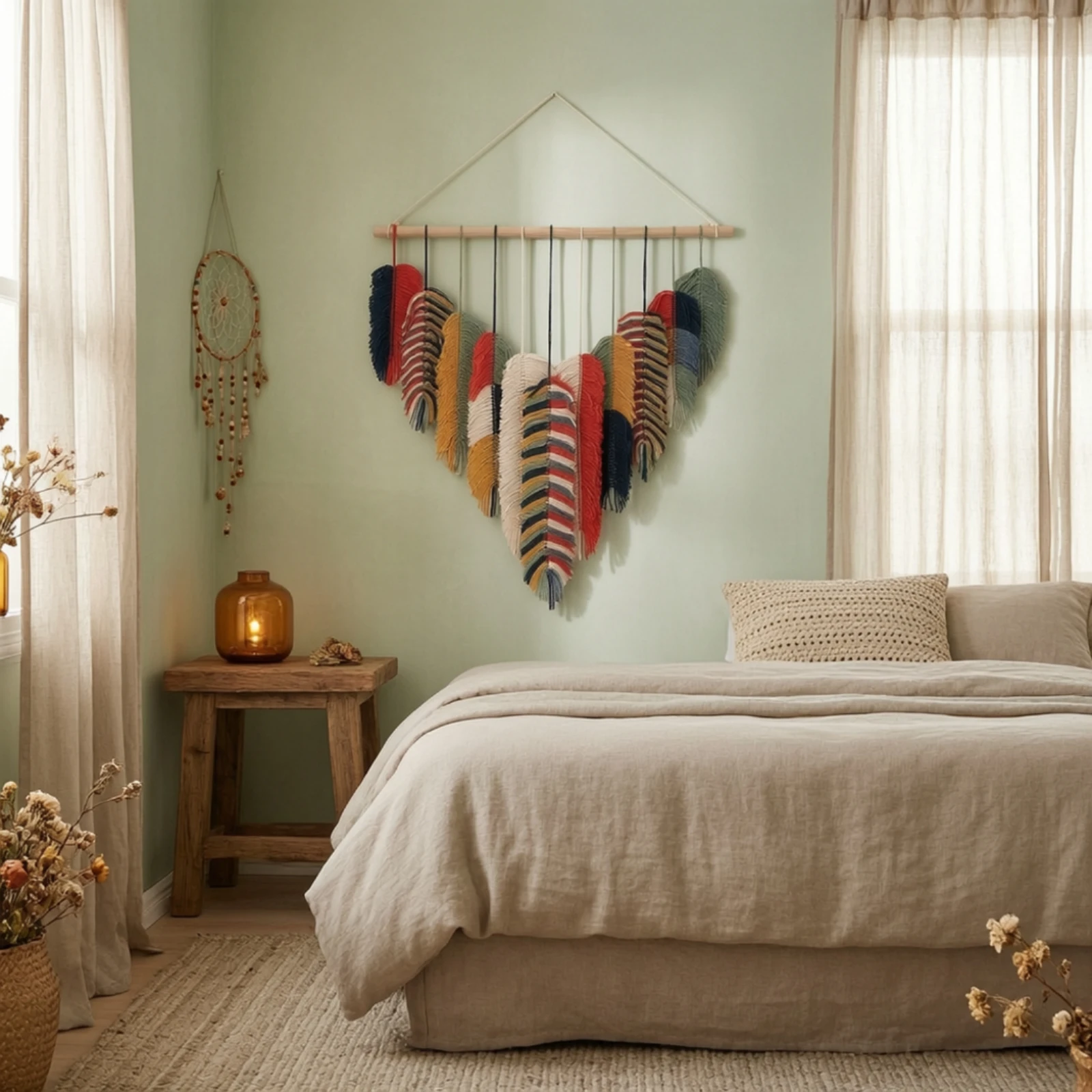 Leaf Wall Hanging Handwoven Tapestry with Wooden Dowel Woven Wall Hanging Layered Fringed for Living Room, Bedroom