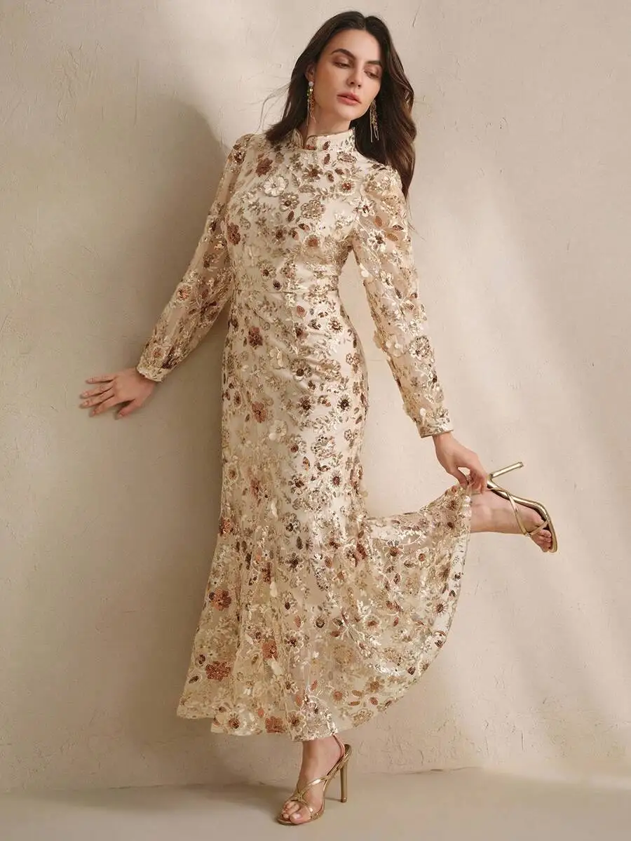 

Elegant Champagne Floral Mesh Dress With Sequins For Party Date Vacation