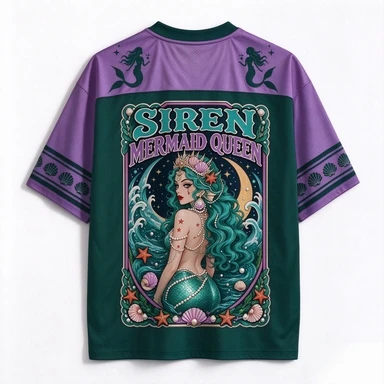 Siren Mermaid Queen Shell Sea Star V-neck Mesh Shirt Mysterious Retro Ocean Style Printed Sports Casual Loose Top