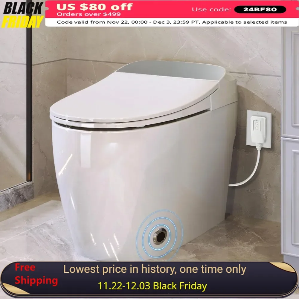 Smart Toilet, Tankless Toilet, Heated Seat, Foot Sensor Flush, White Night Light, Power Off Flush Bathroom, One Piece Toilets