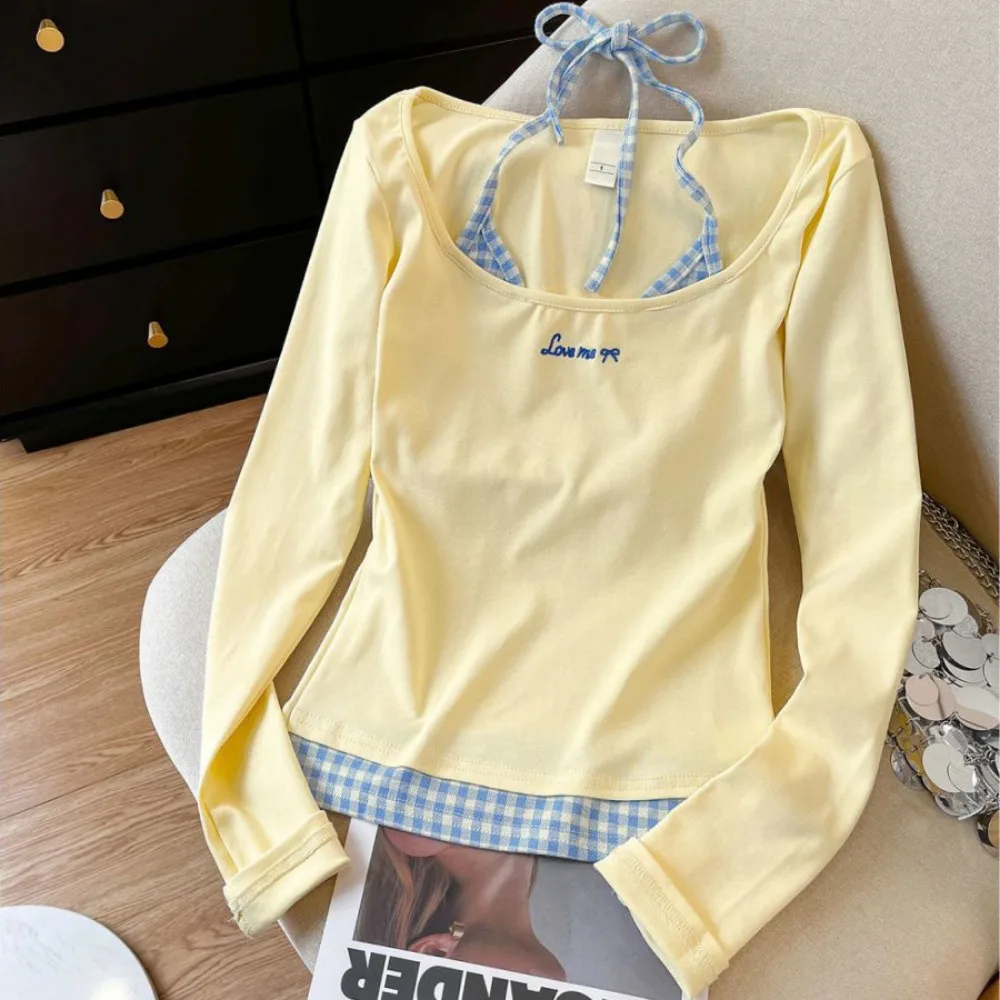 

Comfortable Blue Grid Long Sleeve T-shirt Lace Simple Slim Thin Pullover Undershirt Bottoming Shirt Crop Top Women Y2k Female