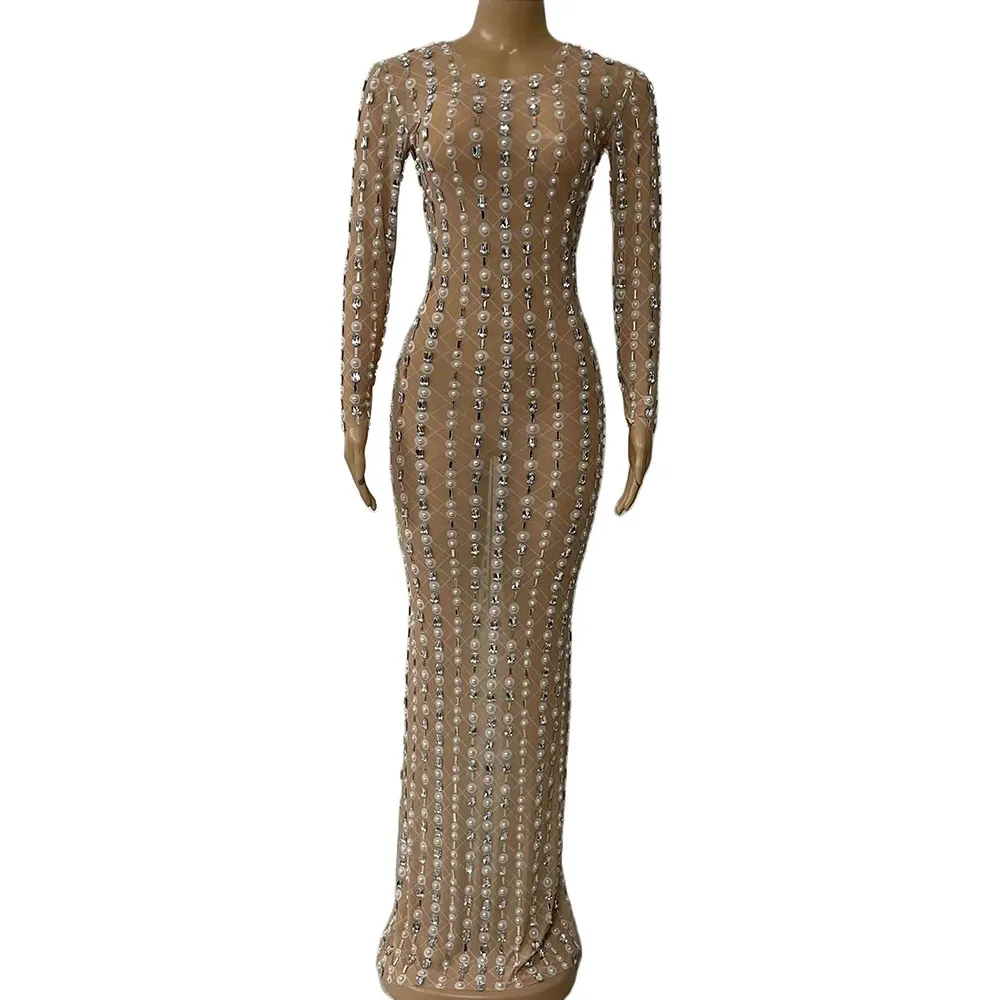 

Fashion Stage Sparkly Pearls Silver Rhinestones Sleeveless Dress Prom Evening Sexy Transparent Crystals Costume Birthday Outfit