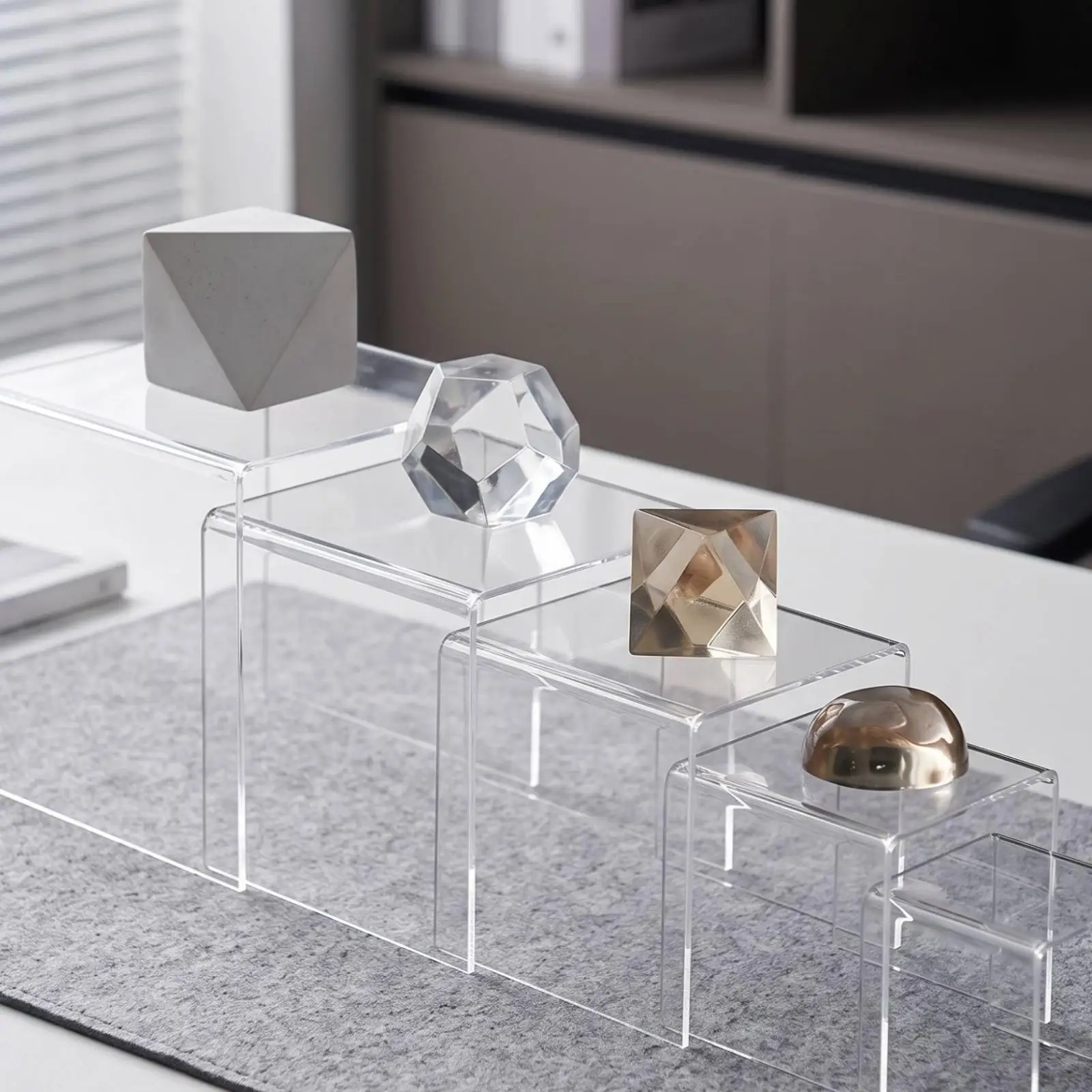 Modern Acrylic Display Riser for Figurines and Cosmetics with Stepped Nesting Design for Space Saving Tabletop Display