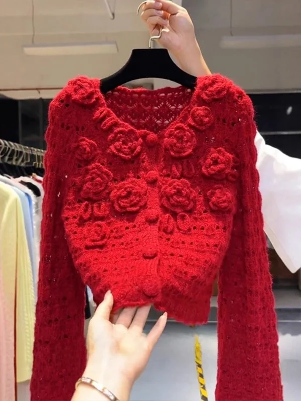 

Красный вязаный свитер Sli для женщин, облегающий, с красивым 3D-цветочным узором, повседневный зимний топ, дышащий, мягкий, средней толщины