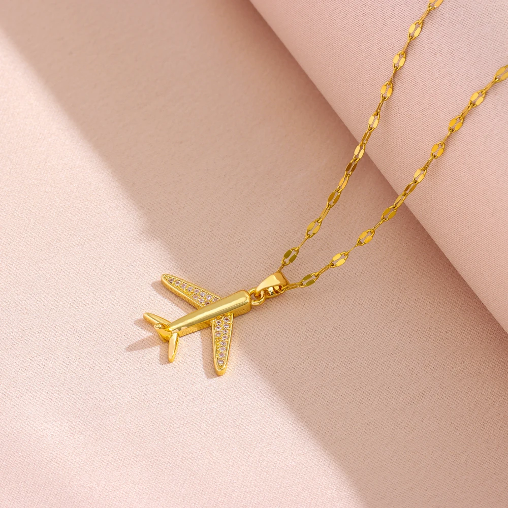 New Fashion 18K Gold Plated Airplane Pendant Necklaces For Women Trendy Female Stainless Steel Clavicle Chain Jewelry Wholesale