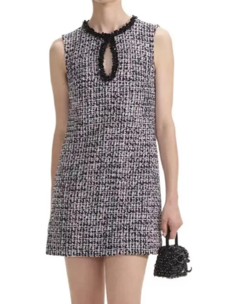 

Women Sequin Beaded Tweed Dress Color Contrast O-Neck Sleeveless Straight Elegant Summer 2024 Mini Robe