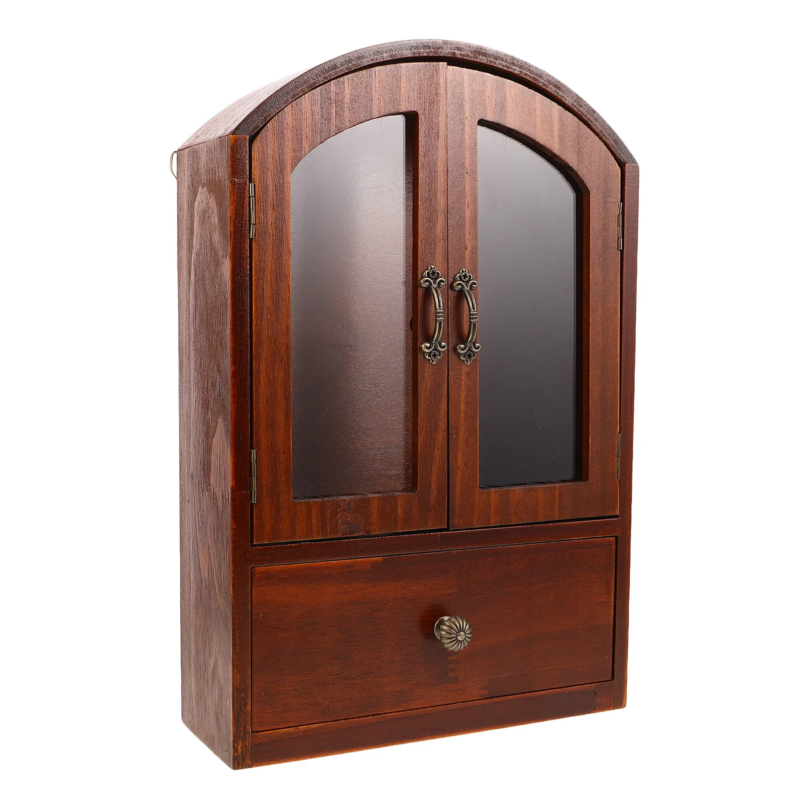 

Small Retro Desktop Storage Cabinet Wood Glass Door Drawer Desktop Makeup Organizer Office Supplies Storage Box Countertop