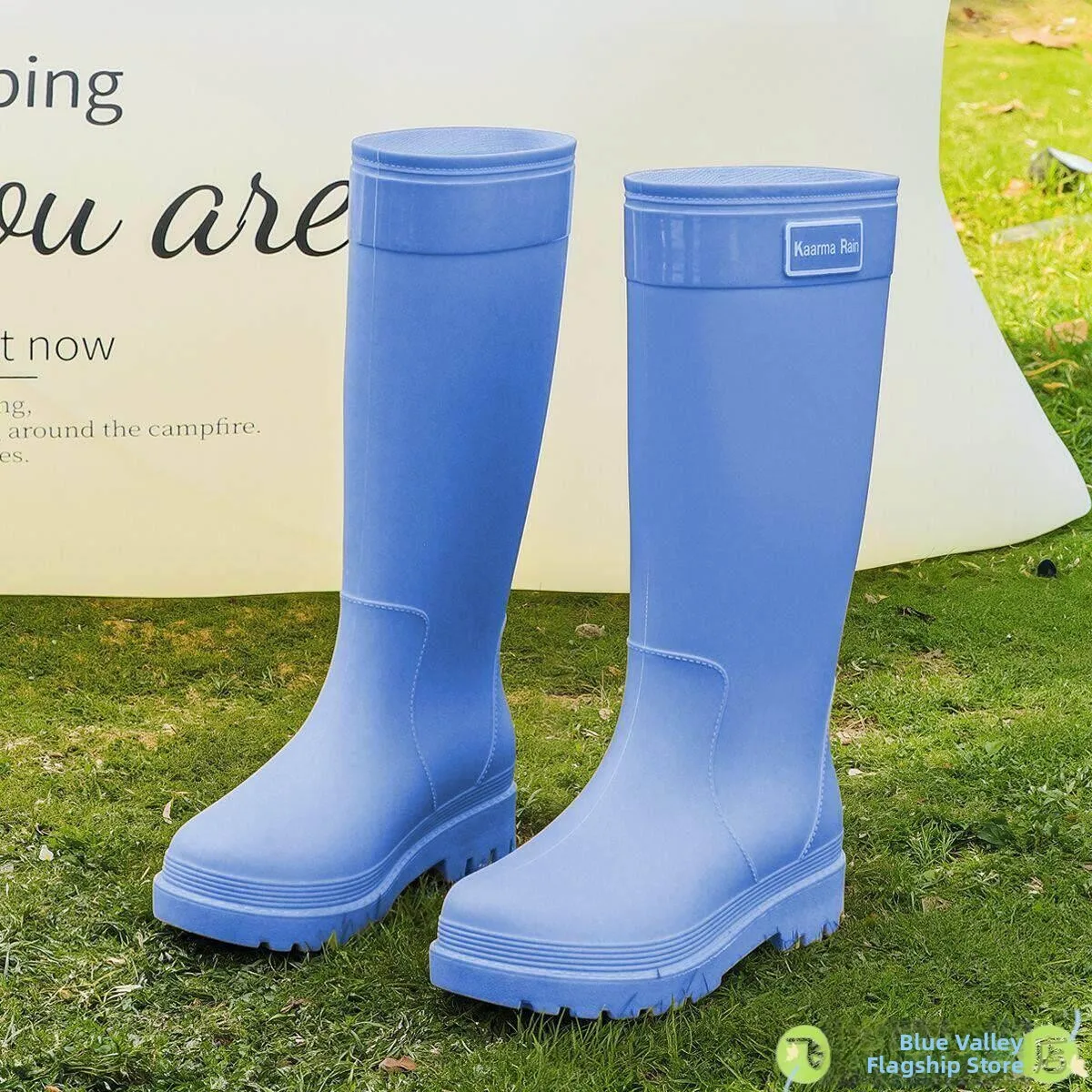 

Thickened High-Tube Women's Rain Boots Fashionable Anti-Slip Adult Kitchen Wear-Resistant Warm Waterproof Shoes Fly Blue Valley
