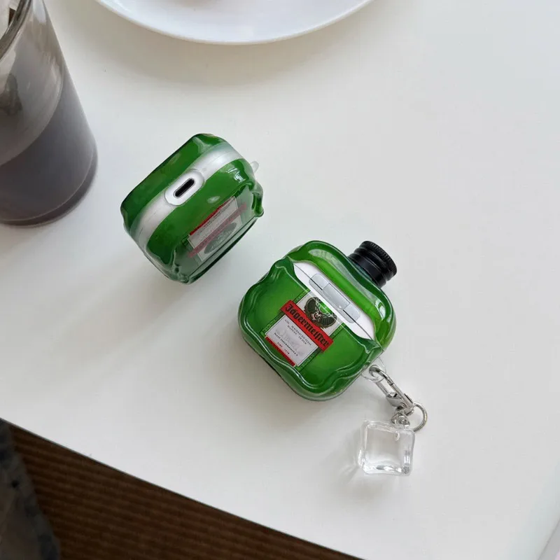 For AirPods Pro/1/2/3/4 Green Wine Shaped Soft Protect Case with Pendant Green Liquor Bottle Design Anti-Scratch Earphone Cover