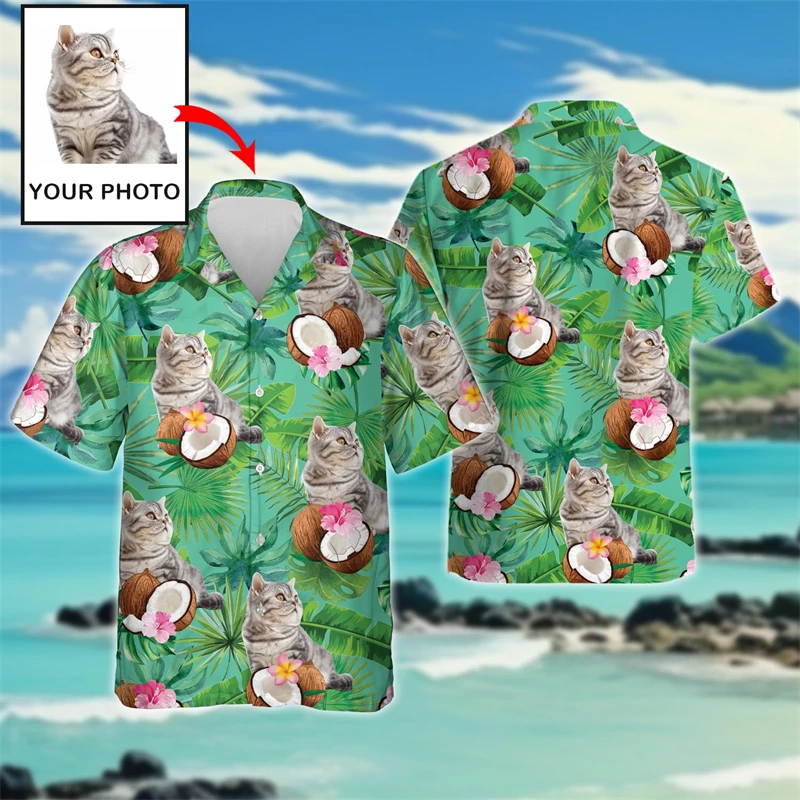 Custom Pet Cat Graphic Hawaiian Beach Shirts Cute Design Cats Face Shirt For Men Clothes Funny Customized Photos Female Blouses